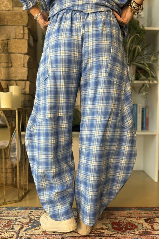 Patrick Plaid Brushed Cotton Barrel Pant Soft Cobalt